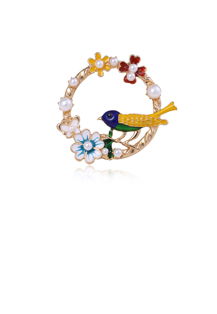 Fashion and Elegant Plated Gold Bird Flower Circle Brooch with Imitation Pearls