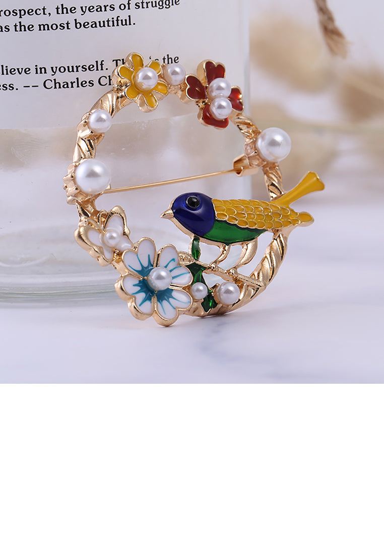 Fashion and Elegant Plated Gold Bird Flower Circle Brooch with Imitation Pearls
