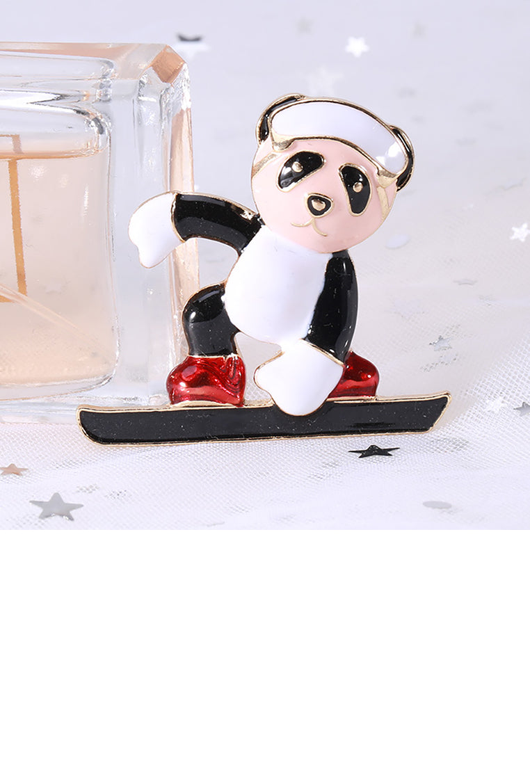 Fashion and Lovely Plated Gold Enamel Skateboard Panda Brooch
