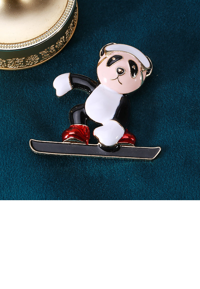 Fashion and Lovely Plated Gold Enamel Skateboard Panda Brooch