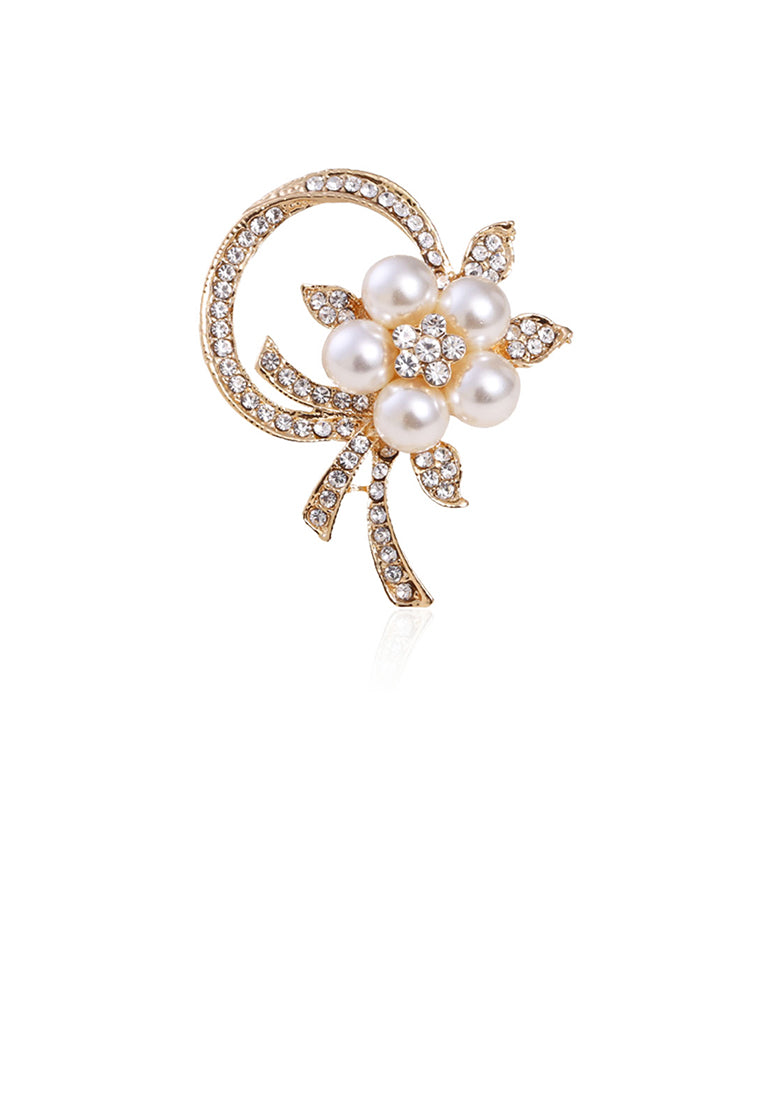 Fashion and Elegant Plated Gold Flower Imitation Pearl Brooch with Cubic Zirconia - Luxurious Look
