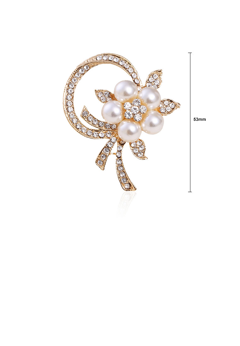 Fashion and Elegant Plated Gold Flower Imitation Pearl Brooch with Cubic Zirconia - Luxurious Look