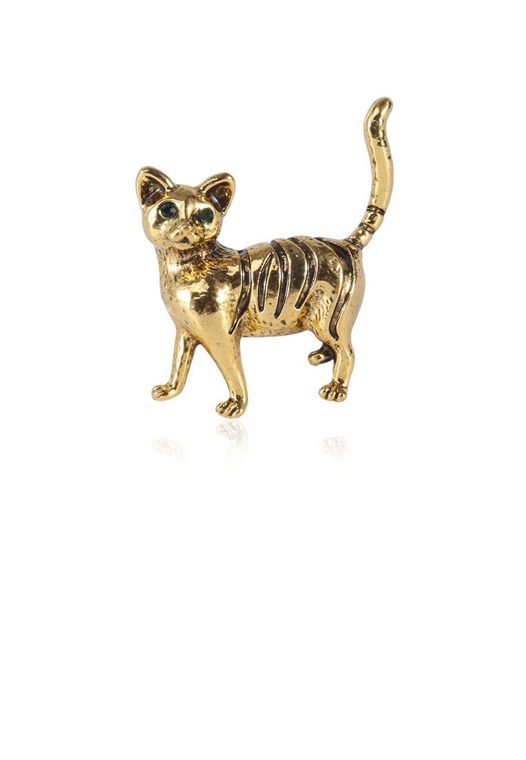 Simple and Cute Plated Gold Cat Brooch with Green Cubic Zirconia - Luxurious Look