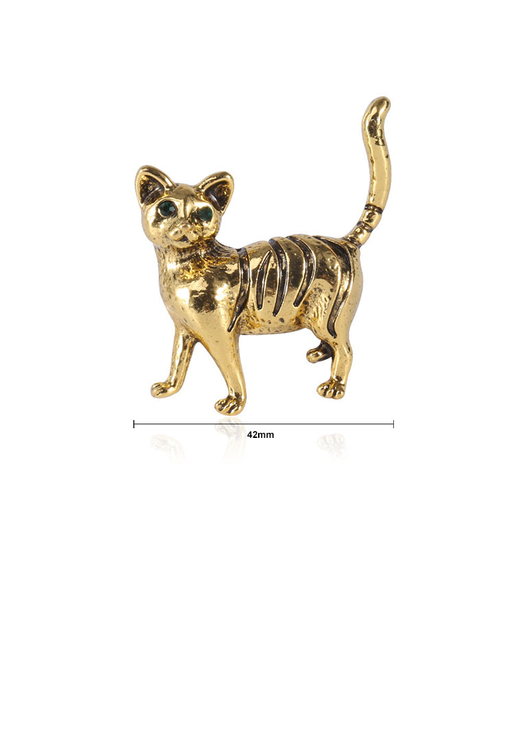 Simple and Cute Plated Gold Cat Brooch with Green Cubic Zirconia - Luxurious Look