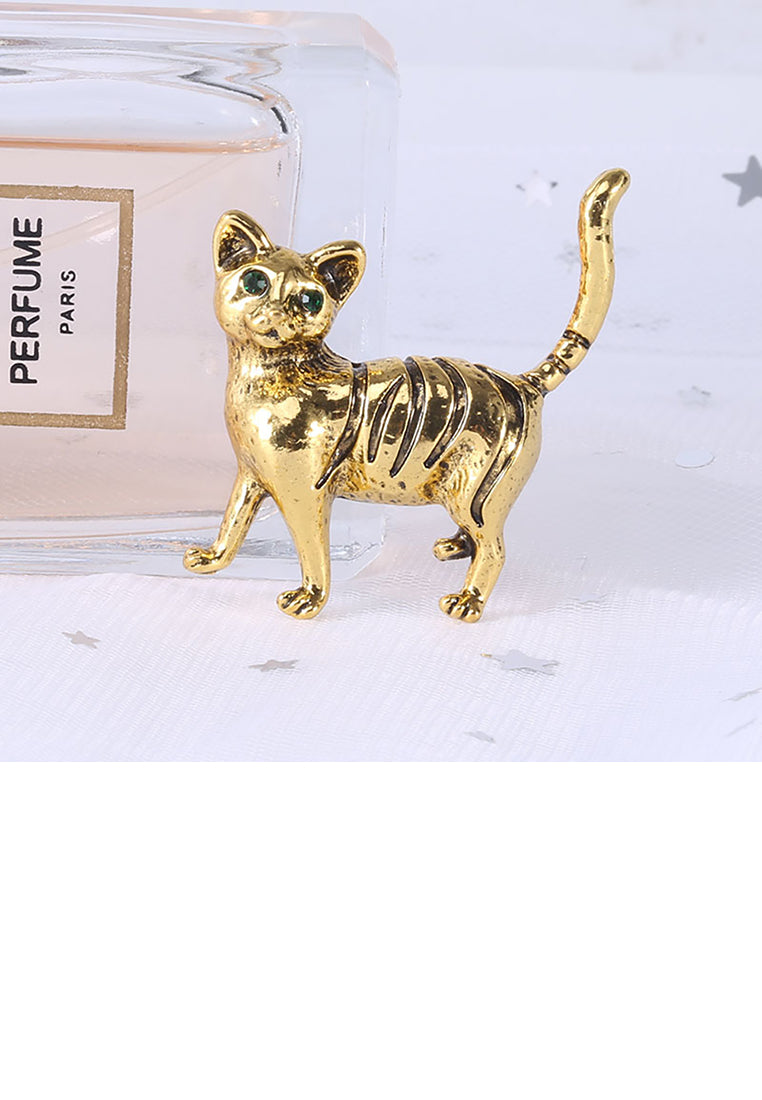 Simple and Cute Plated Gold Cat Brooch with Green Cubic Zirconia - Luxurious Look