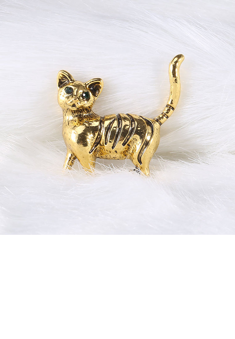 Simple and Cute Plated Gold Cat Brooch with Green Cubic Zirconia - Luxurious Look