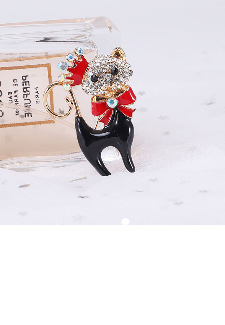 Fashion and Cute Plated Gold Black Cat Brooch with Cubic Zirconia - Luxurious Look