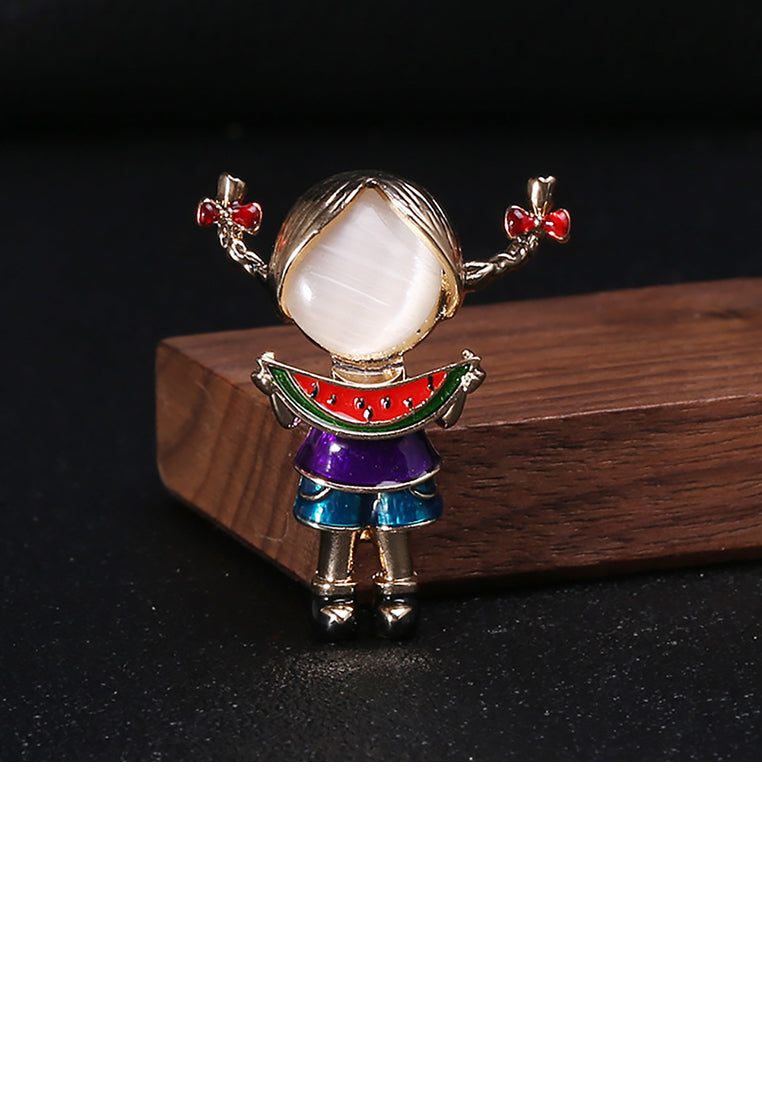 Fashion Cute Plated Gold Watermelon Girl Brooch