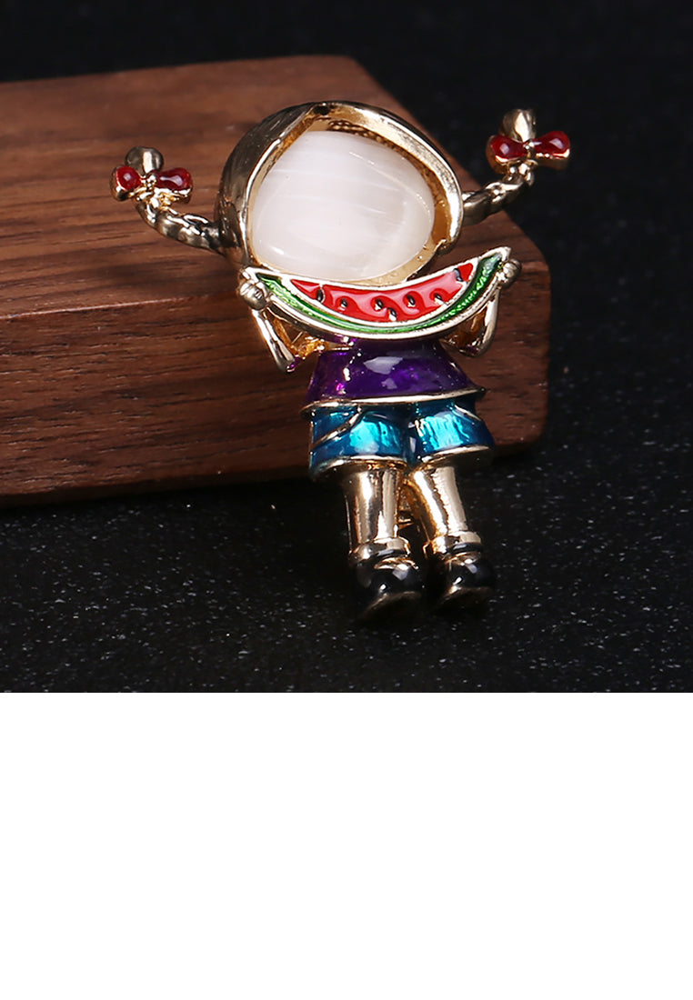 Fashion Cute Plated Gold Watermelon Girl Brooch