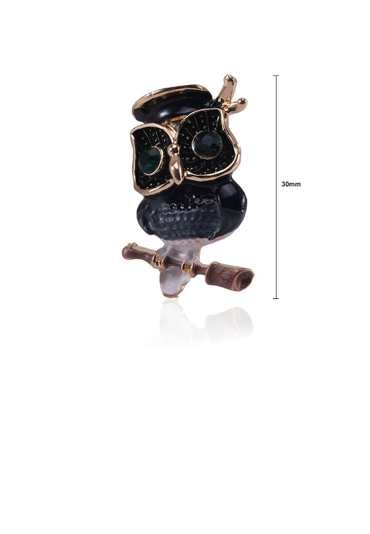 Fashion Simple Plated Gold Owl Brooch with Black Cubic Zirconia - Luxurious Look