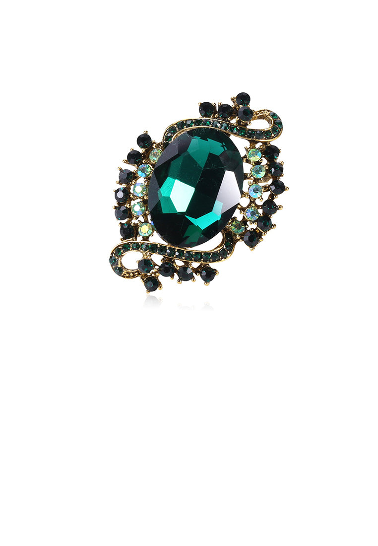 Elegant Vintage Plated Gold Geometric Pattern Brooch with Green Cubic Zirconia - Luxurious Look