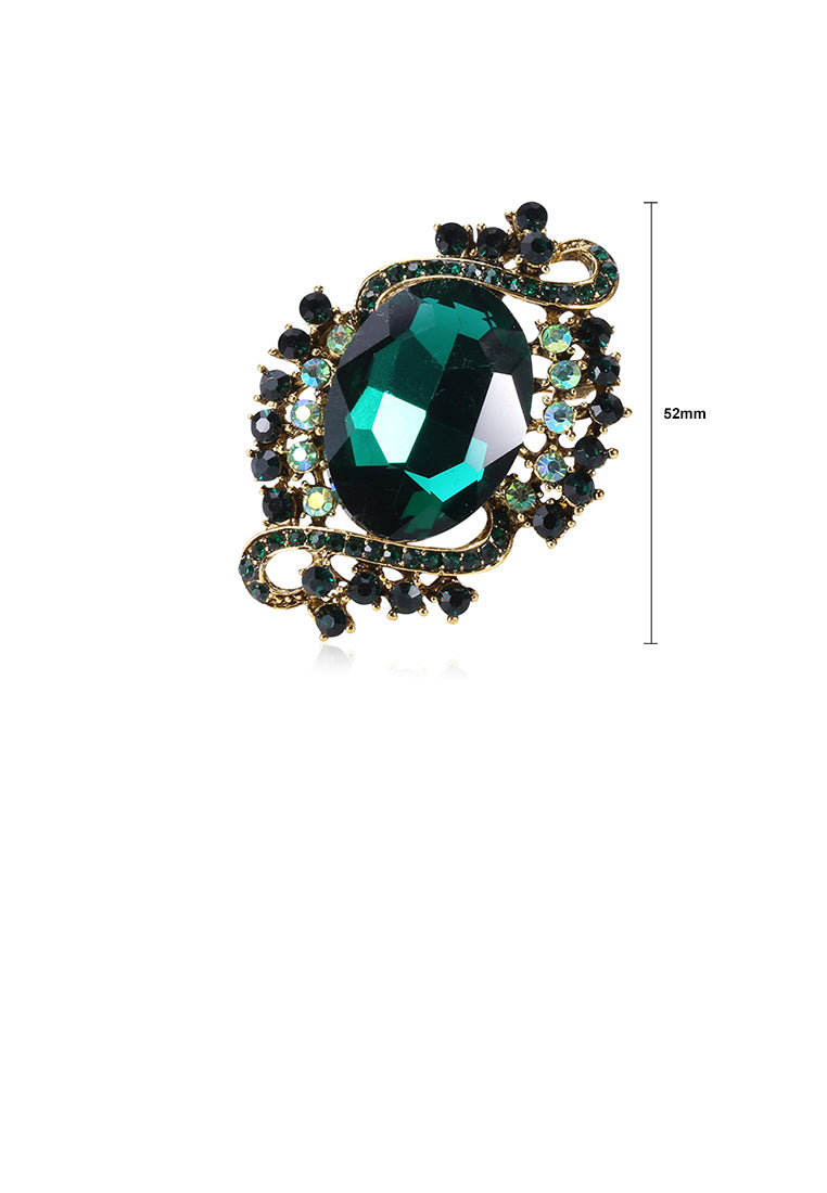 Elegant Vintage Plated Gold Geometric Pattern Brooch with Green Cubic Zirconia - Luxurious Look