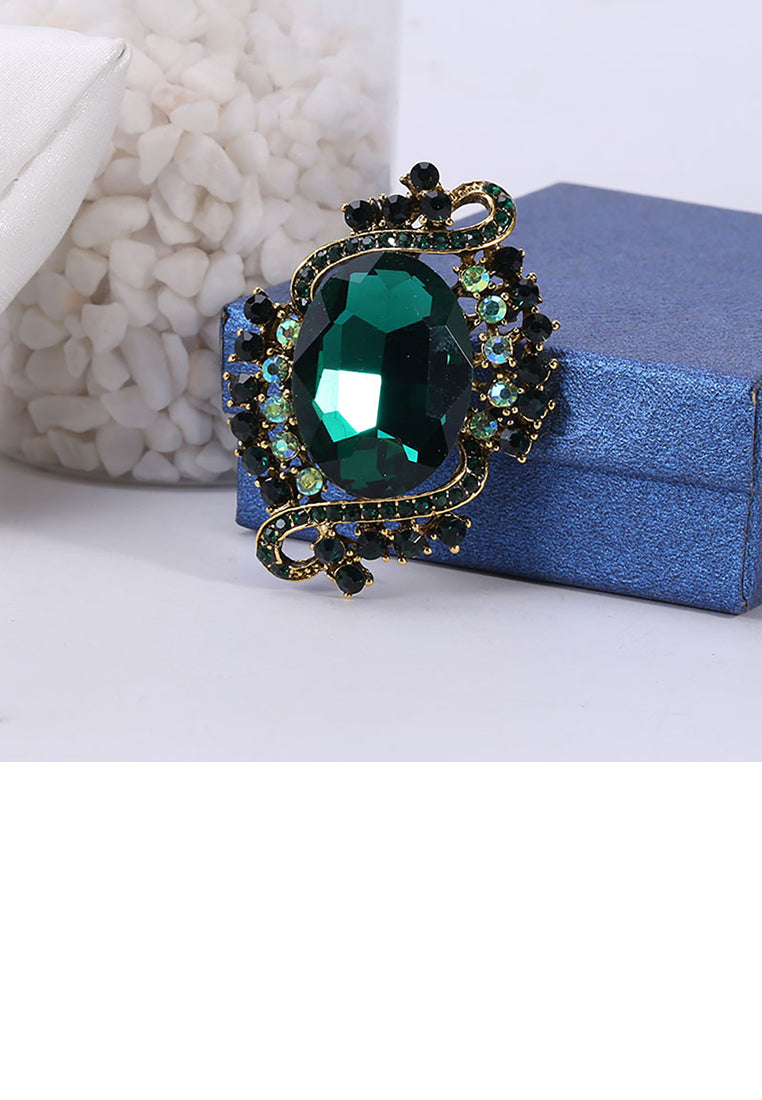 Elegant Vintage Plated Gold Geometric Pattern Brooch with Green Cubic Zirconia - Luxurious Look
