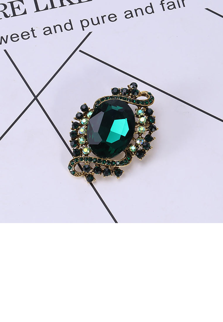 Elegant Vintage Plated Gold Geometric Pattern Brooch with Green Cubic Zirconia - Luxurious Look