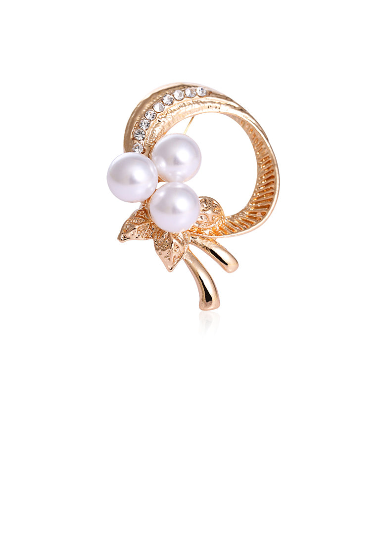 Elegant and Simple Plated Gold Floral Imitation Pearl Brooch with Cubic Zirconia - Luxurious Look