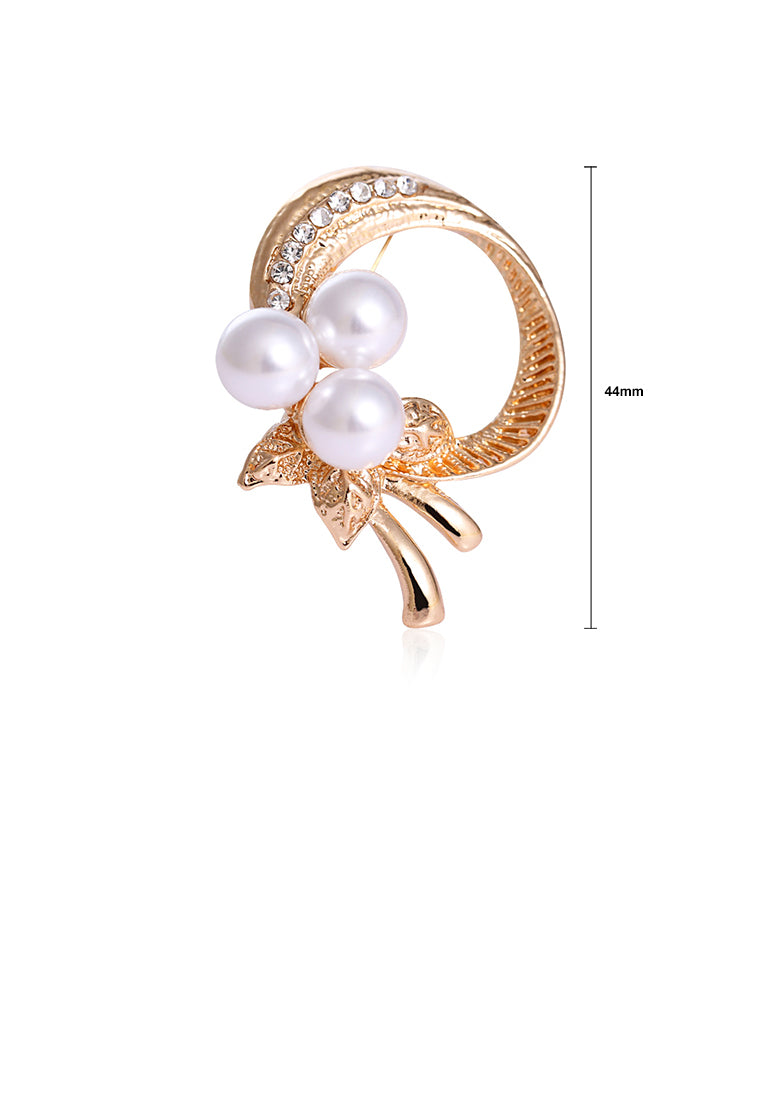 Elegant and Simple Plated Gold Floral Imitation Pearl Brooch with Cubic Zirconia - Luxurious Look