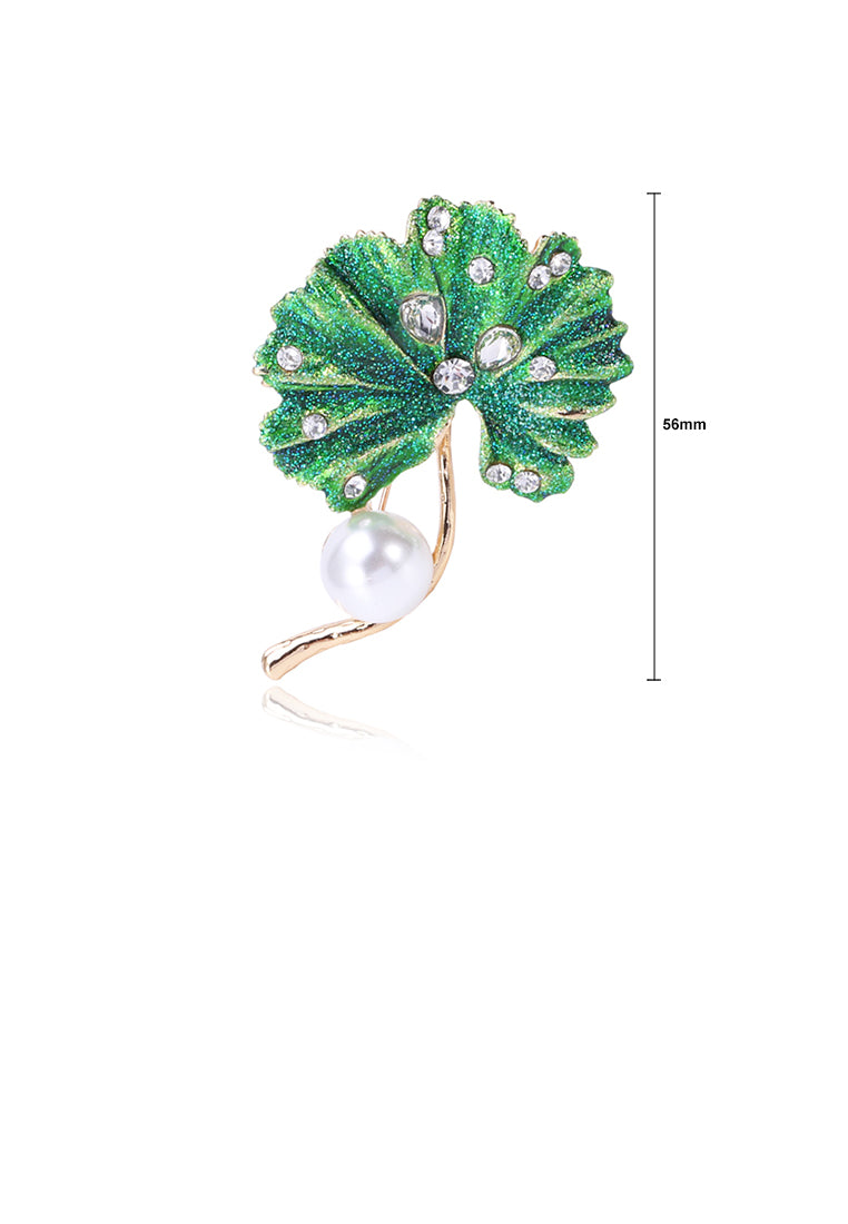Fashion and Elegant Plated Gold Green Lotus Leaf Imitation Pearl Brooch with Cubic Zirconia - Luxurious Look
