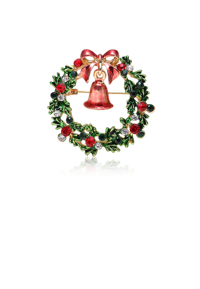 Fashion Personality Plated Gold Christmas Bell Wreath Brooch with Cubic Zirconia - Luxurious Look