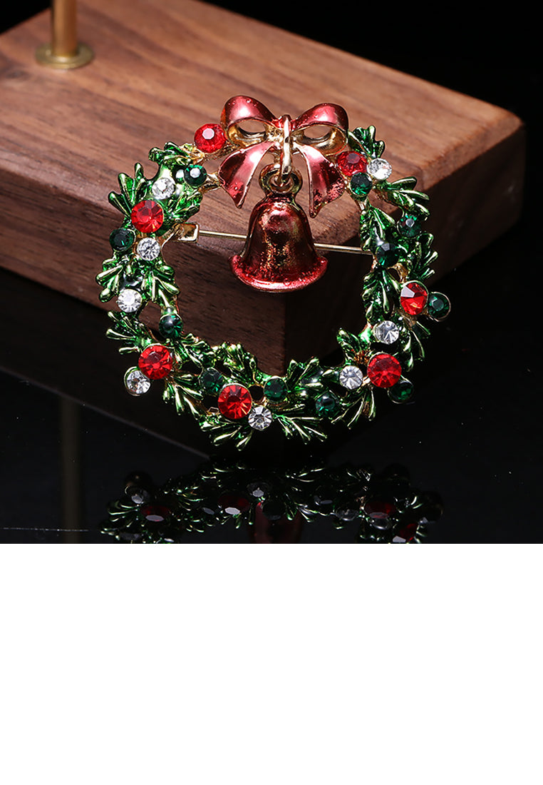Fashion Personality Plated Gold Christmas Bell Wreath Brooch with Cubic Zirconia - Luxurious Look