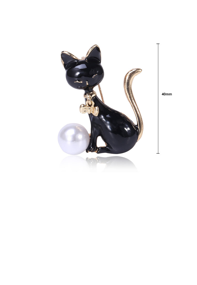 Simple and Cute Black Cat Imitation Pearl Brooch - Luxurious Look