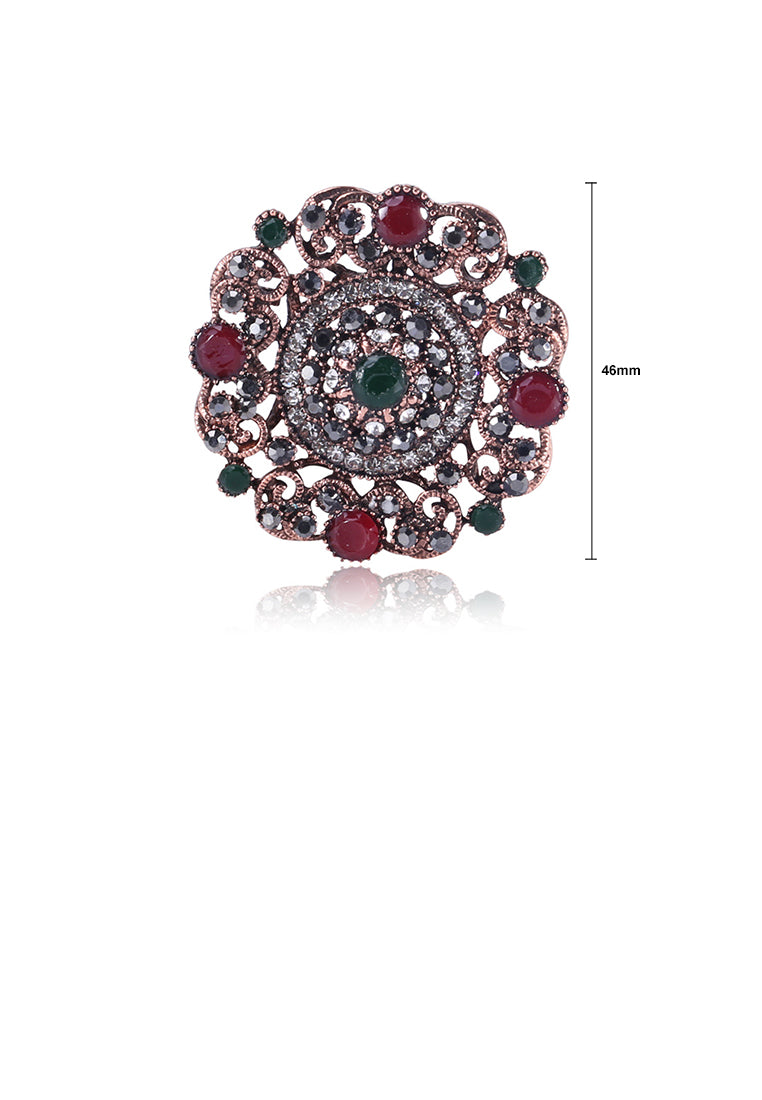 Elegant Vintage Plated Gold Geometric Pattern Round Brooch with Cubic Zirconia - Luxurious Look