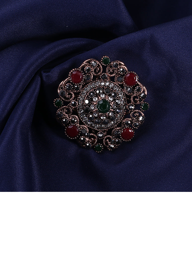 Elegant Vintage Plated Gold Geometric Pattern Round Brooch with Cubic Zirconia - Luxurious Look