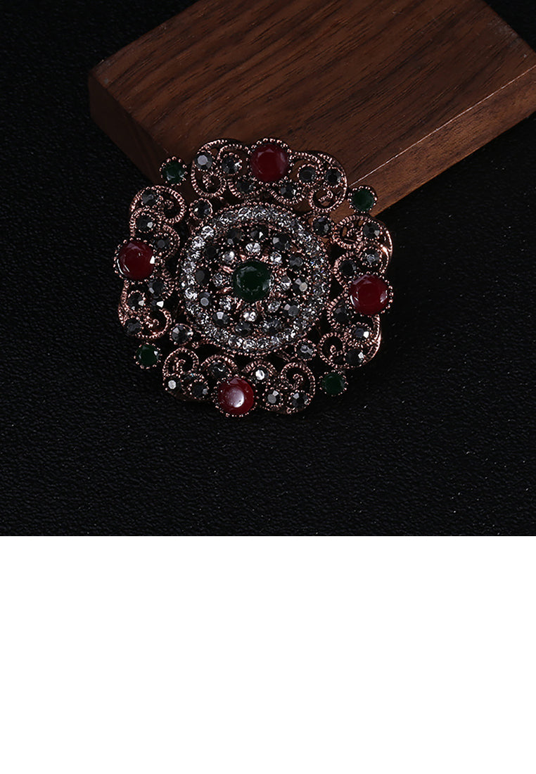 Elegant Vintage Plated Gold Geometric Pattern Round Brooch with Cubic Zirconia - Luxurious Look