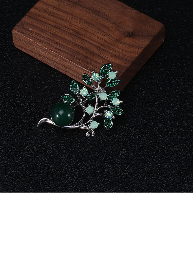 Fashion Simple Green Leaf Imitation Pearl Brooch with Cubic Zirconia - Luxurious Look