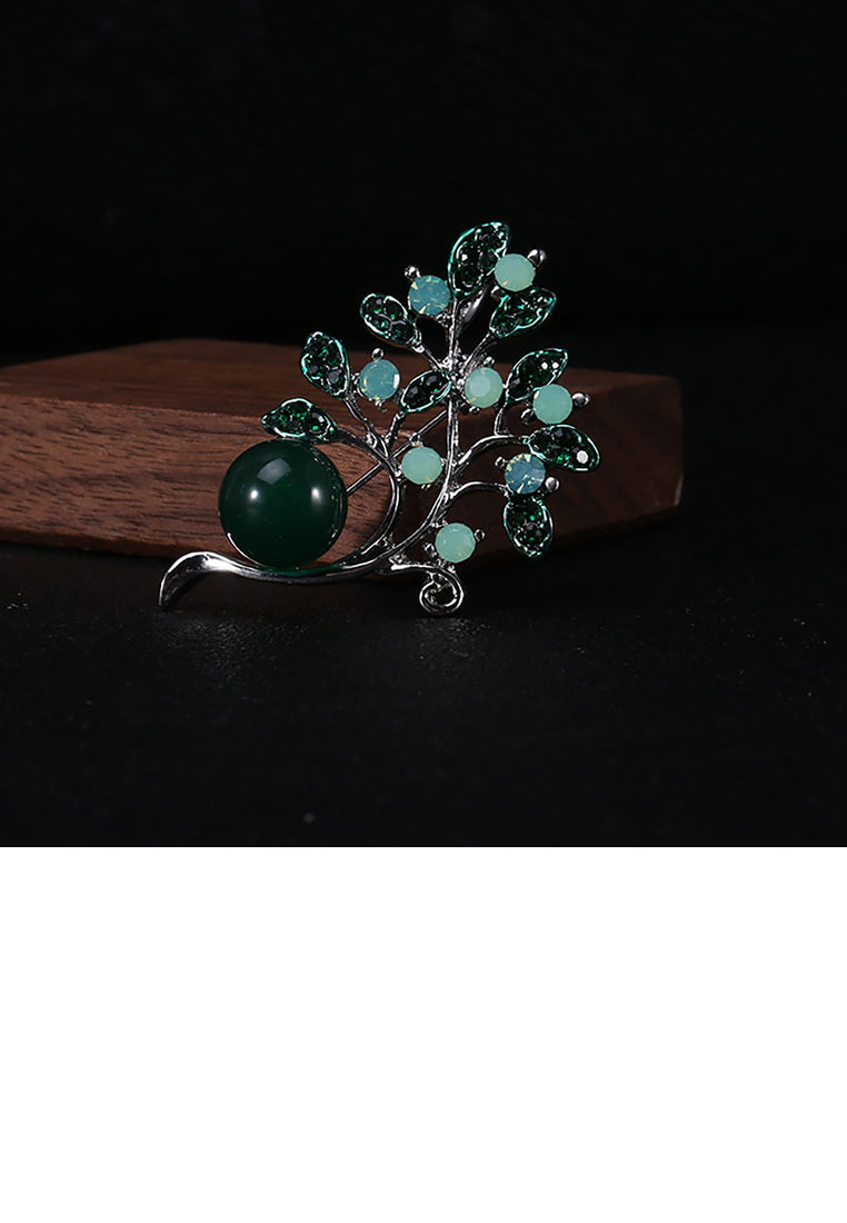 Fashion Simple Green Leaf Imitation Pearl Brooch with Cubic Zirconia - Luxurious Look