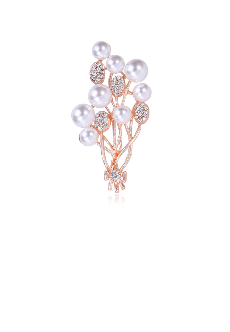 Fashion and Elegant Plated Gold Floral Imitation Pearl Brooch with Cubic Zirconia - Luxurious Look