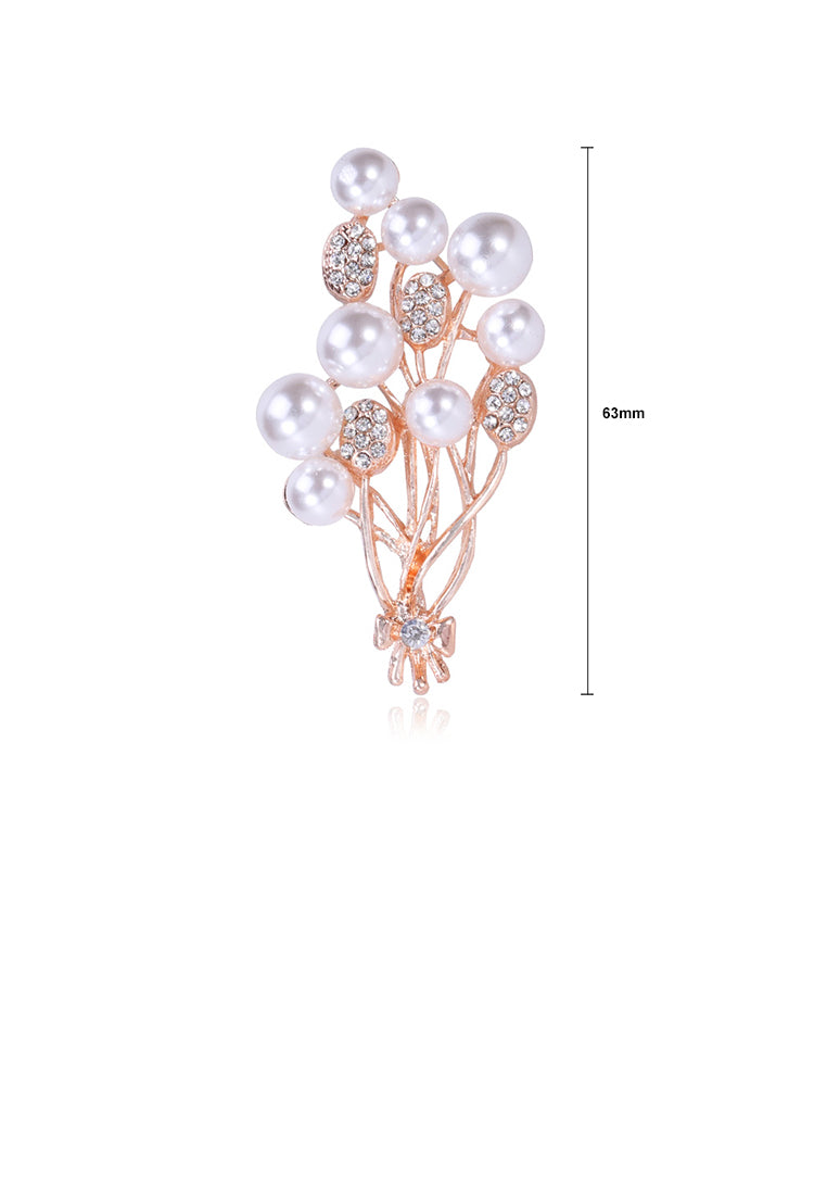 Fashion and Elegant Plated Gold Floral Imitation Pearl Brooch with Cubic Zirconia - Luxurious Look