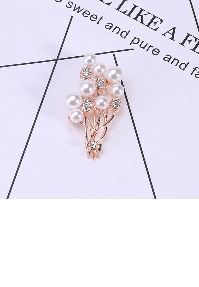Fashion and Elegant Plated Gold Floral Imitation Pearl Brooch with Cubic Zirconia - Luxurious Look