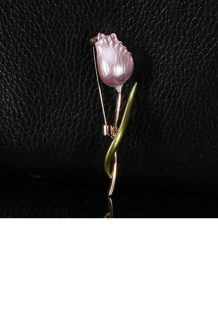 Fashion and Elegant Plated Gold Pink Enamel Rose Brooch - Vibrant Color