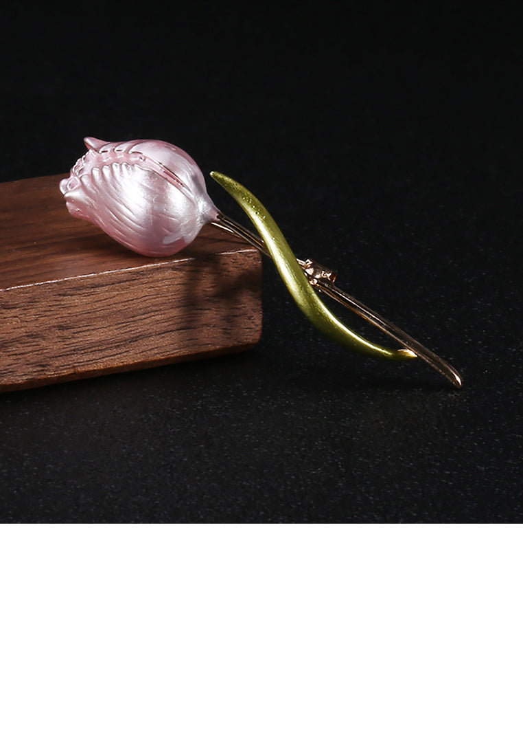 Fashion and Elegant Plated Gold Pink Enamel Rose Brooch - Vibrant Color