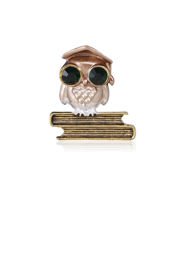 Simple Personality Plated Gold Brown Owl Brooch with Green Cubic Zirconia - Luxurious Look - Vibrant Color
