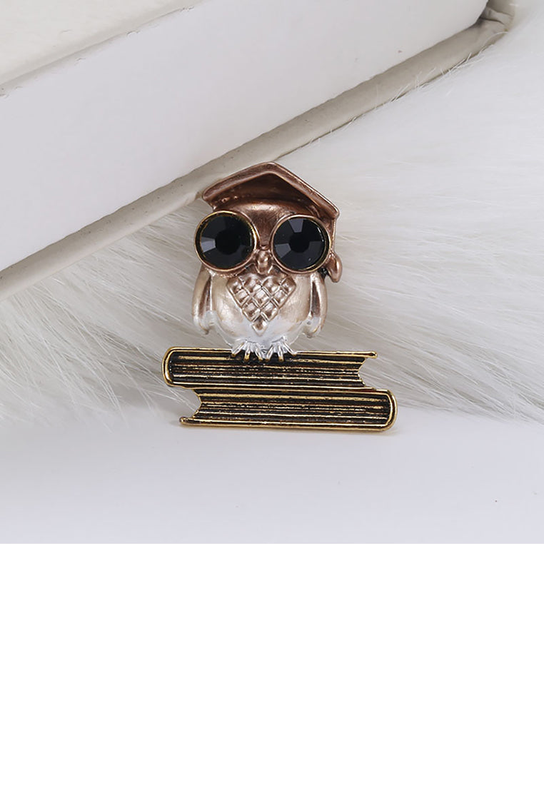Simple Personality Plated Gold Brown Owl Brooch with Green Cubic Zirconia - Luxurious Look - Vibrant Color