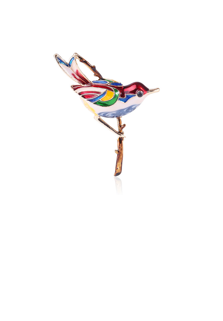 Fashion and Lovely Plated Gold Red Bird Brooch with Cubic Zirconia - Luxurious Look - Vibrant Color