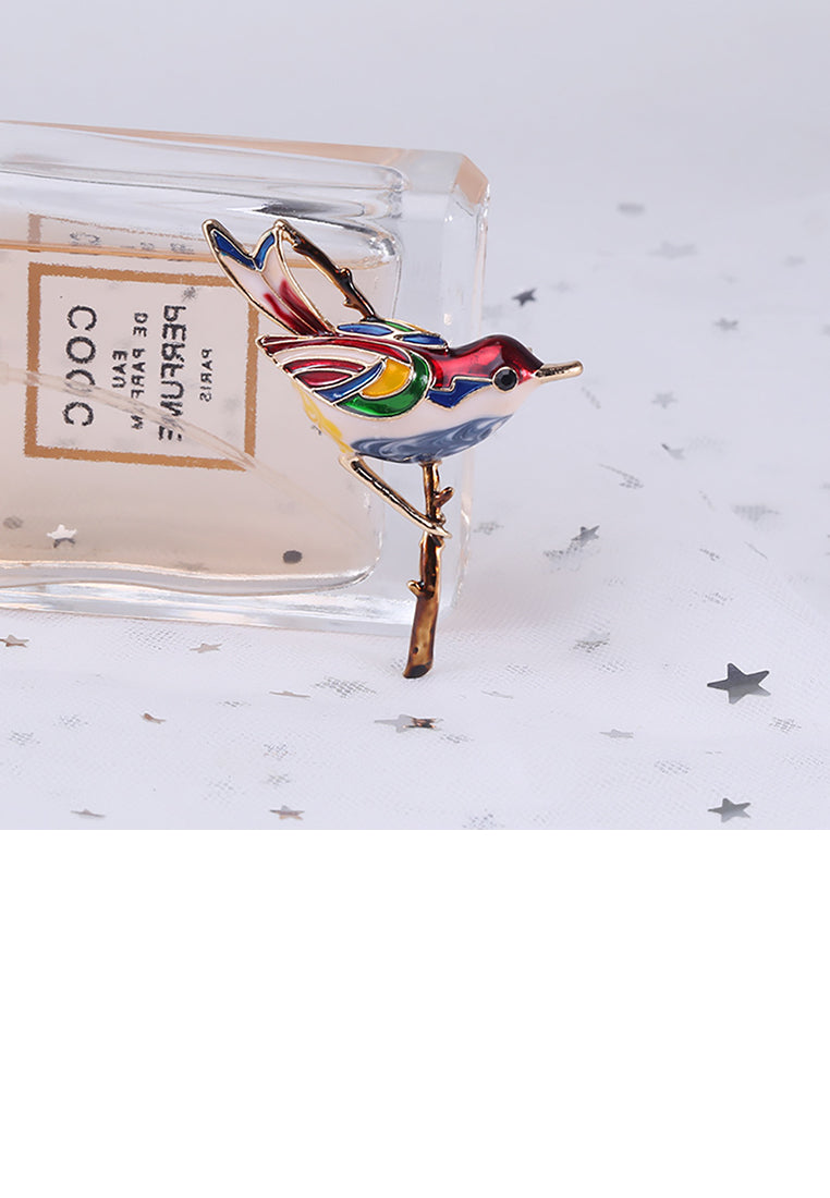 Fashion and Lovely Plated Gold Red Bird Brooch with Cubic Zirconia - Luxurious Look - Vibrant Color