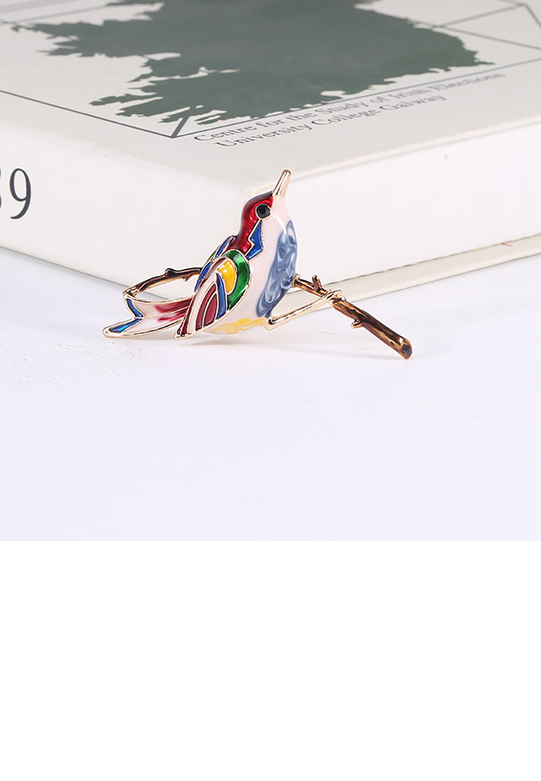 Fashion and Lovely Plated Gold Red Bird Brooch with Cubic Zirconia - Luxurious Look - Vibrant Color