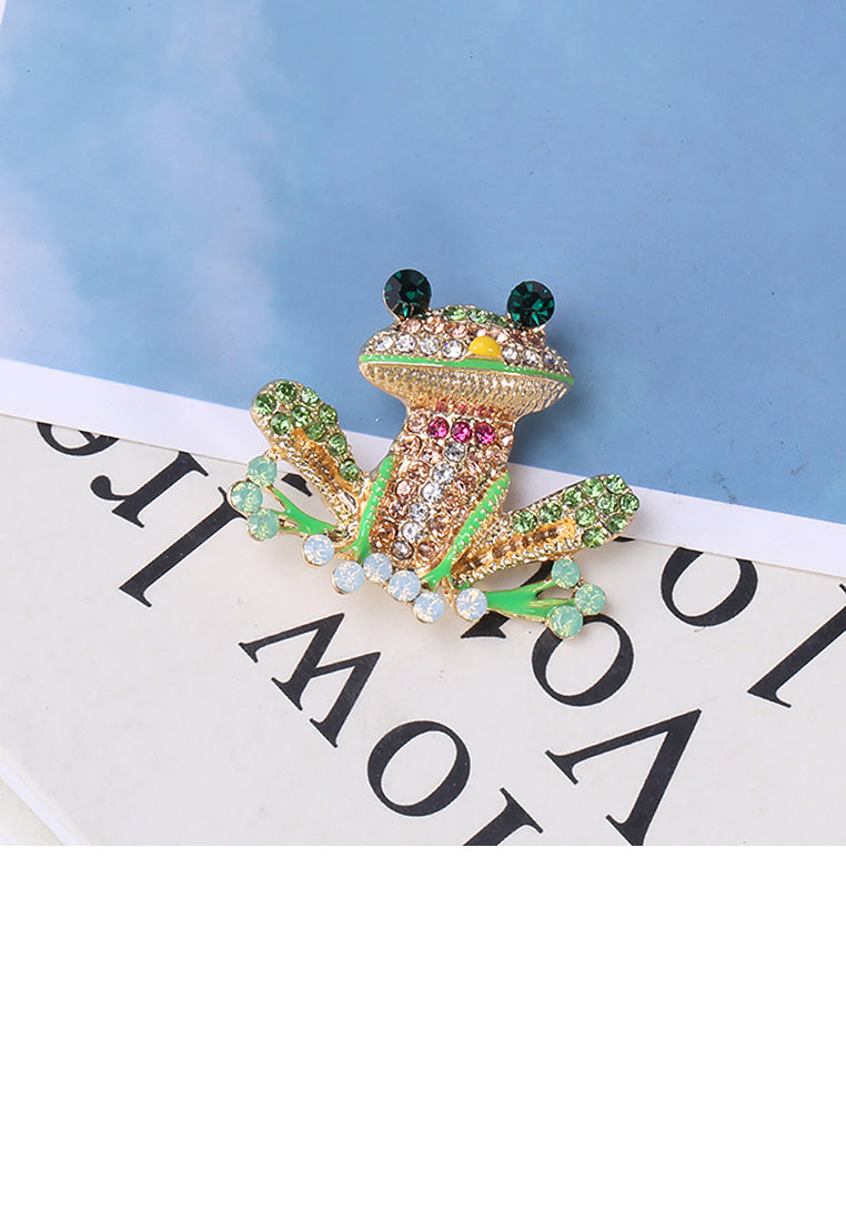 Fashion and Cute Plated Gold Color Frog Brooch with Cubic Zirconia - Luxurious Look