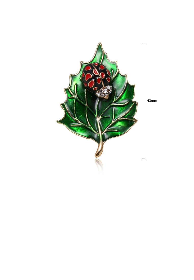 Fashion Creative Plated Gold Green Leaf Ladybug Brooch with Cubic Zirconia - Luxurious Look