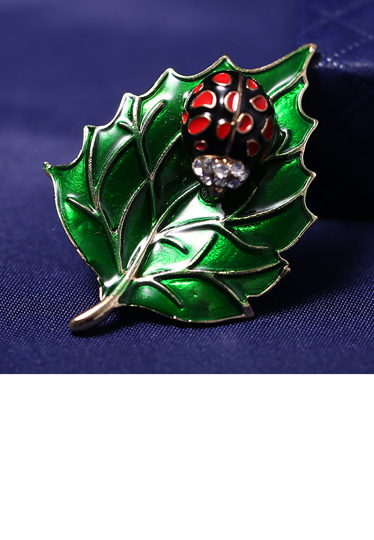 Fashion Creative Plated Gold Green Leaf Ladybug Brooch with Cubic Zirconia - Luxurious Look