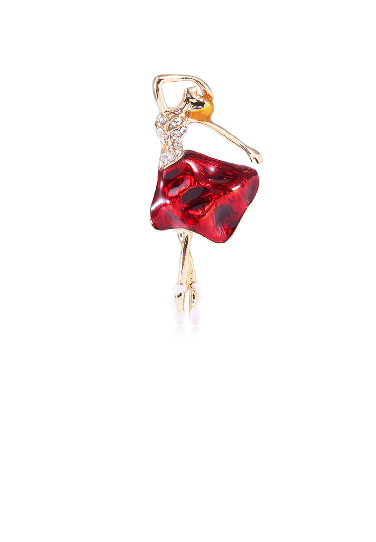 Fashion and Elegant Plated Gold Red Skirt Dance Brooch with Cubic Zirconia - Luxurious Look - Vibrant Color