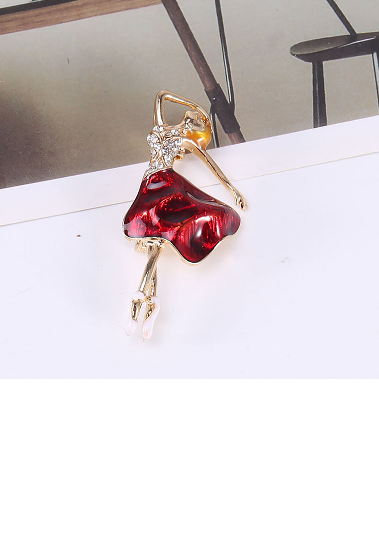 Fashion and Elegant Plated Gold Red Skirt Dance Brooch with Cubic Zirconia - Luxurious Look - Vibrant Color