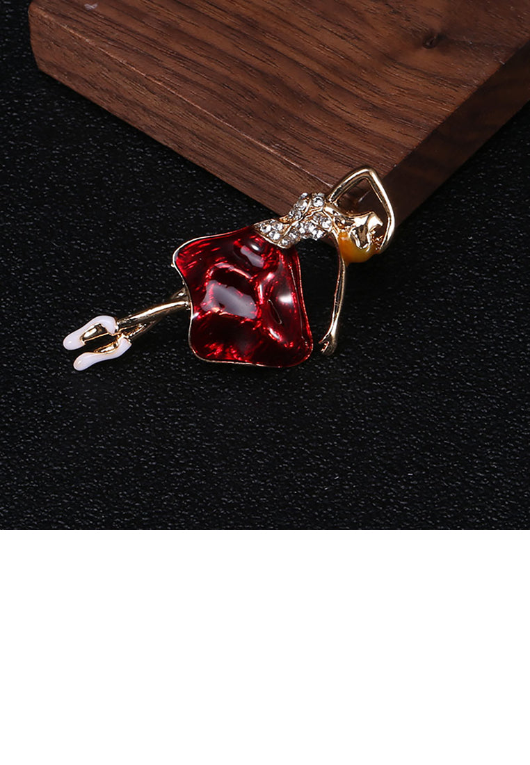 Fashion and Elegant Plated Gold Red Skirt Dance Brooch with Cubic Zirconia - Luxurious Look - Vibrant Color