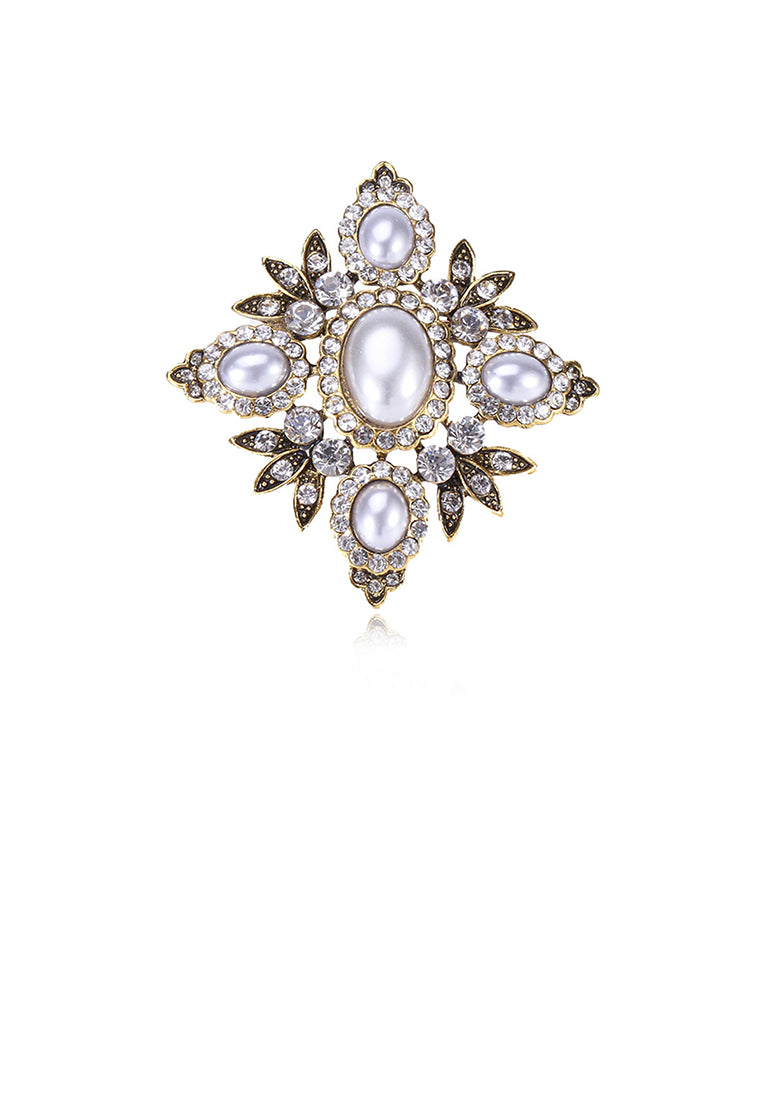 Elegant Vintage Plated Gold Geometric Diamond Pattern Imitation Pearl Brooch with Cubic Zirconia - Luxurious Look