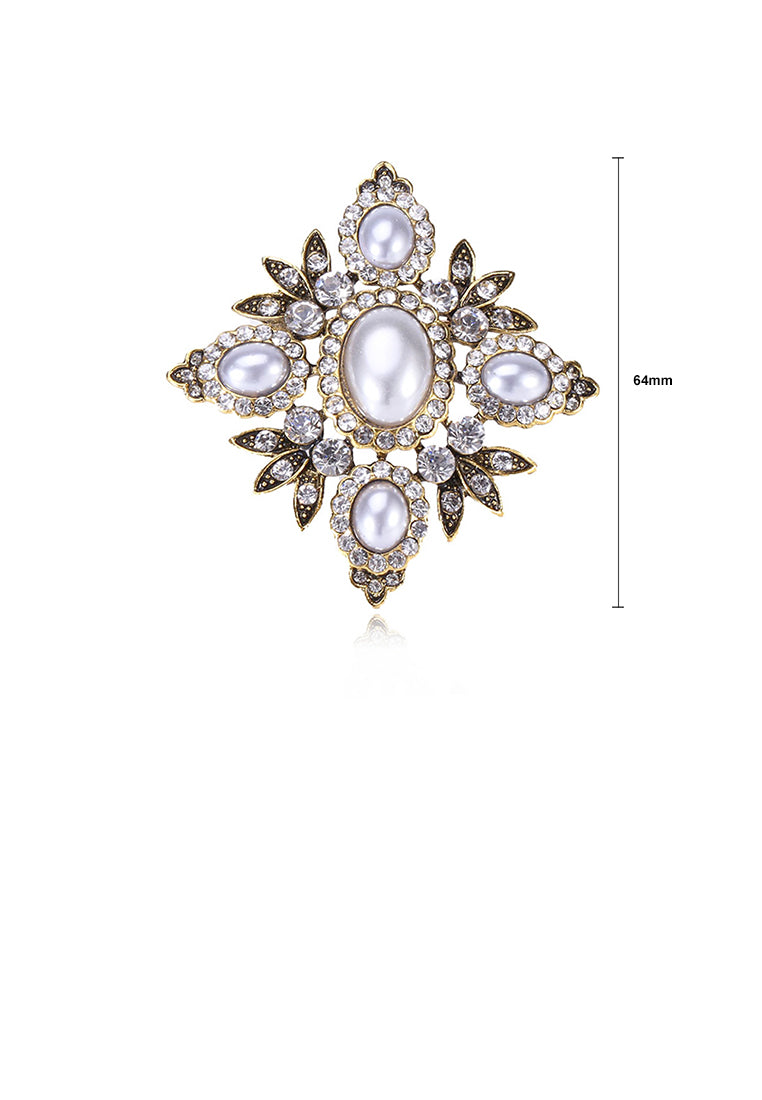 Elegant Vintage Plated Gold Geometric Diamond Pattern Imitation Pearl Brooch with Cubic Zirconia - Luxurious Look