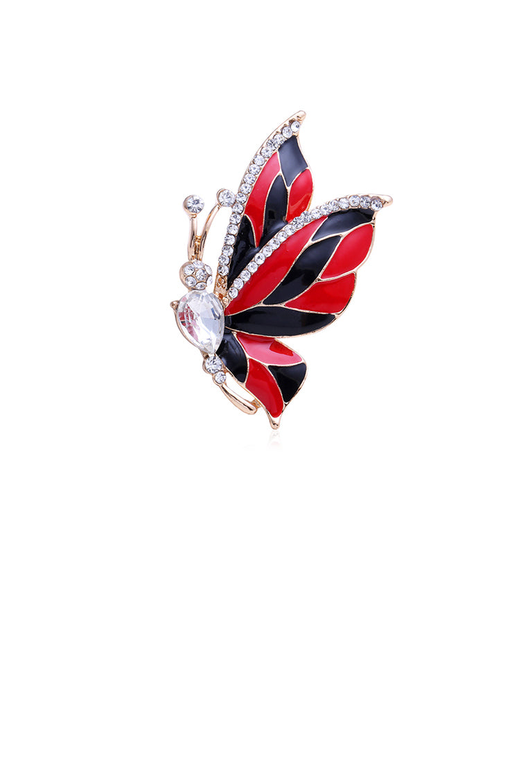 Fashion and Elegant Plated Gold Black and Red Butterfly Brooch with Cubic Zirconia - Luxurious Look - Vibrant Color