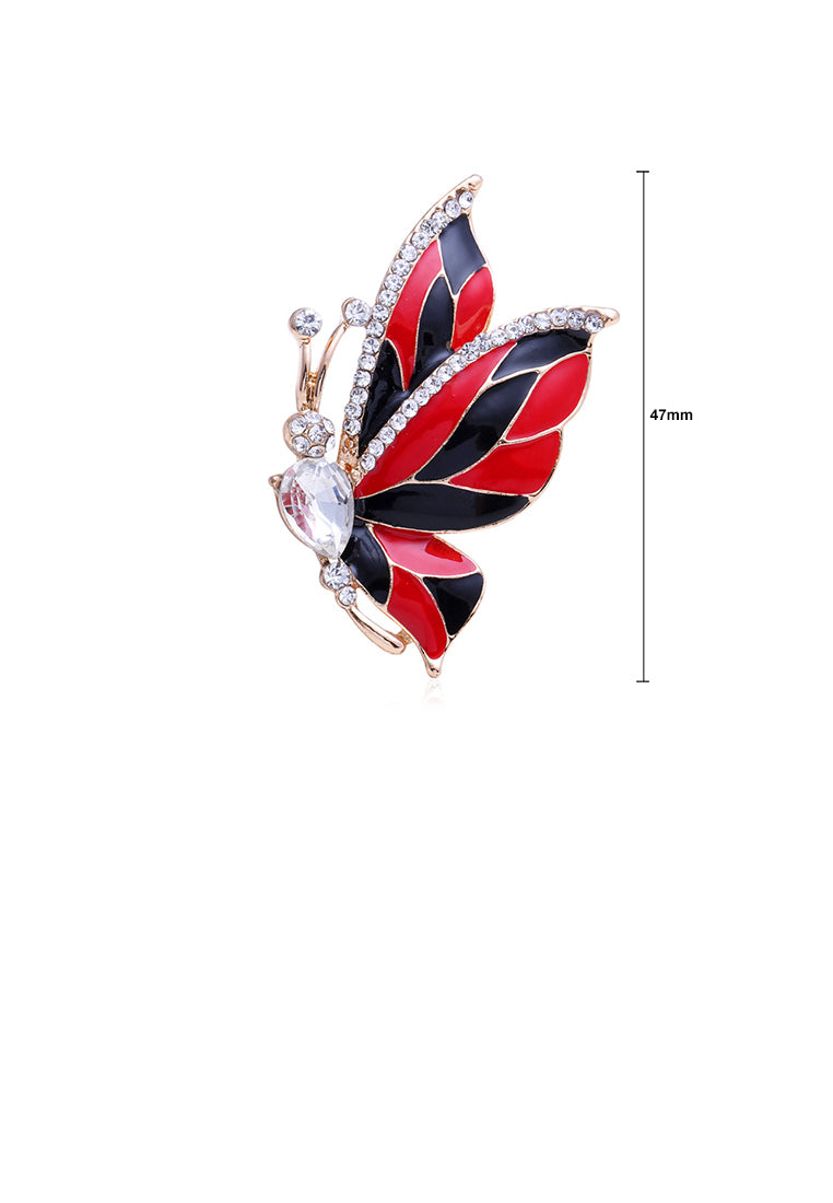 Fashion and Elegant Plated Gold Black and Red Butterfly Brooch with Cubic Zirconia - Luxurious Look - Vibrant Color