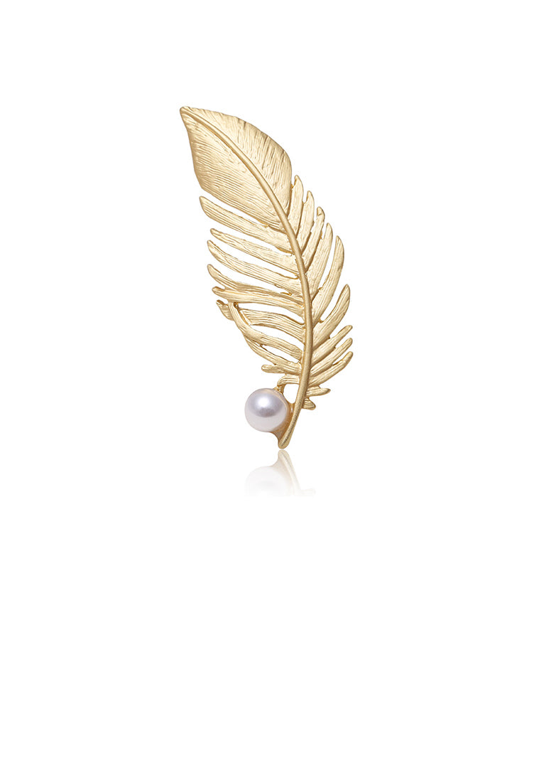 Fashion Simple Plated Gold Leaf Brooch with Imitation Pearls
